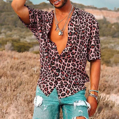 Men Leopard Print Shirt T-Shirt Button-Down Hawaiian Summer Short Sleeve Tops • $15.52