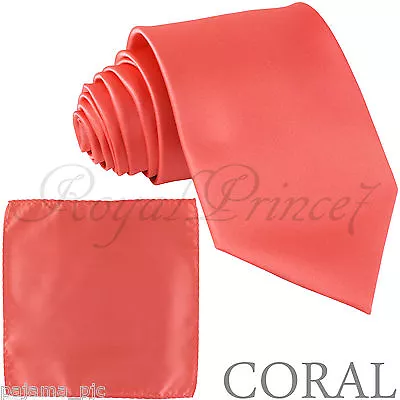 New Men Coral Neck Tie & Pocket Square Hankie Set Formal Party Wedding 100FF • $10.85