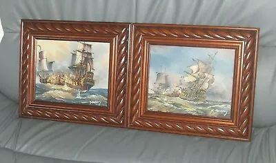 Vintage Pair Of Signed J Harvey Galleon Ships At Battle Oil On Canvas Paintings • £299.99