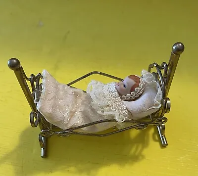 Vintage Dollhouse Miniatures Furniture Brass Baby Cradle With Baby Doll • $22