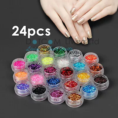 24 Mix Colours Nail Art Craft Acrylic Fine Glitter Powder Pots Tips Decoration • £3.49