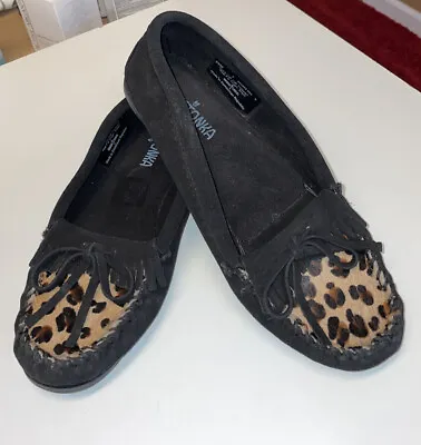 Minnetonka Moccasins Leopard Slip On Shoe Size 7 Fringe Black Loafers Suede Boho • £36.65