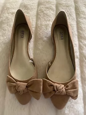 A.N.A. SIZE 8.5 TAN SUEDE Faux FRONT BOW D'orsay Pointed Toe Flats • $16.75