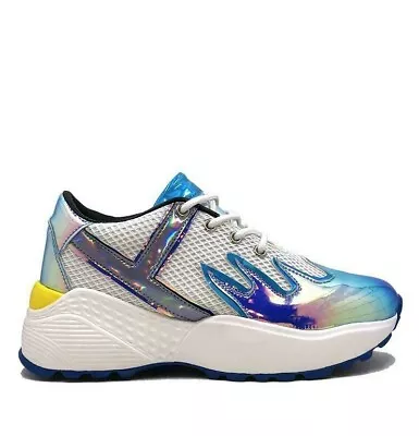 YRU Blaz3 Blaze Holographic Teal Flame Platforms Gothic Punk Rave Sneakers Shoes • $244.87