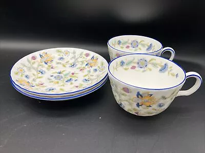 Minton Haddon Hall Blue Bone China CUPS & SAUCERS X 2  John Wadsworth England • $49.50