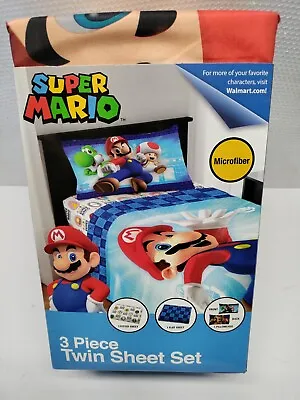 Super Mario Kids 3 Piece Twin Sheet Set Gaming Bedding Blue And White Nintendo • $37.99