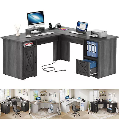 60 Inch L Shaped Desk With Power Outlets Corner Computer Desk With File Drawer • $168.98