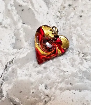 Venetian Murano Red And Gold Heart Shaped Art Glass Necklace Pendant Made Italy • $24.99