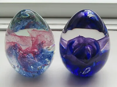 2 Vtg Roger Vines Art Glass Swirled Bubble Egg  Paperweights 3.25” Hand Blown • $25