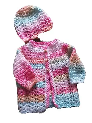 New Handmade Crochet Baby Girl DK Matinee Jacket & Beenie Approx 2/4Mths .L@@K! • £12.95