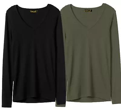 Women Ladies Plain Basic T-Shirt Top Vest Cotton Tshirts **LONG SLEEVE V NECK** • £6.49