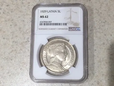 1929 Latvia  First Republic  Silver 5 Lati - NGC MS62 - Sharp Coin! • $145