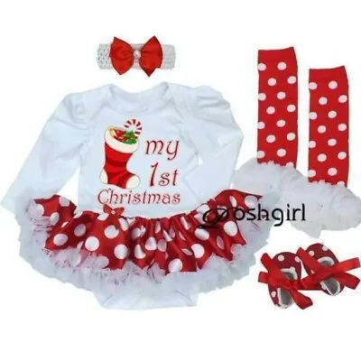 Baby Girls 4Pcs Christmas Outfits Romper Dresses Leg Warmer Headband Shoes Set • £8.60