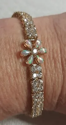 Beautiful Sterling Gold Opal Flower And CZ Sparkling Tennis Bracelet 6.75  • $95