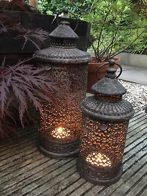 Set 2 Rustic Antique Style Metal Ornate French Moroccan Lanterns - Garden Indoor • £36.95