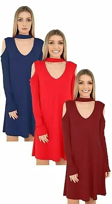 New Ladies Plain Choker Neck Cold Cut Out Shoulder Flared Swing Dress Top  • £9.99