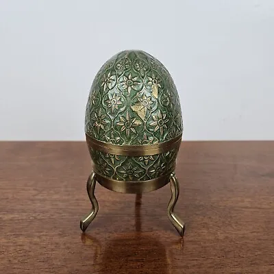 Vintage Brass Green Decorative Egg With Stand Ornamental Trinket Box • $8