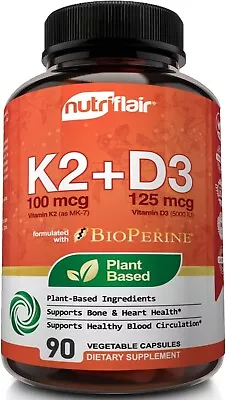 Nutriflair Vitamin K2 MK7 125mcg + D3 5000iu 90 Veggie Tabs MEGA VALUE • $32.95