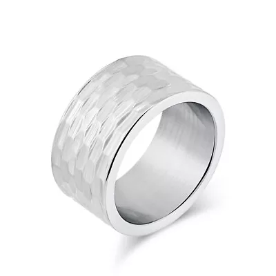  12mm Hammered Texture Rings Jewelry Stainless Steel Wedding Bands Chic Gifts • $4.76