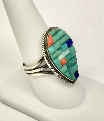 Navajo SG Steve Grant Sterling  Turquoise Coral Lapis Opal Inlay Ring 8 3/4 • $59.99