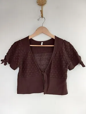 Moth Cardigan Sweater Women's Brown Solid Short Ties Short Puff Sleeves Boho • $8.49