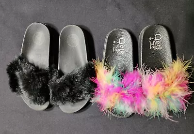 Girls Lot Of 2 Fur Slide Sandals Slippers Multicolor & Black Size 2 • $29.99