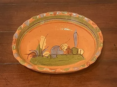 Vtg Mexican Handpainted Clay Pottery Oval Bowl Fluted Edge Colorful • $12