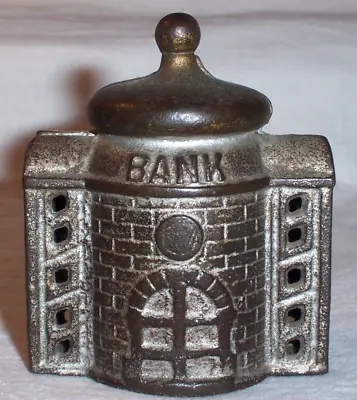 Antique Cast Iron Bank Building  Stone Tower  Still Coin Bank  Old Painted Metal • $35