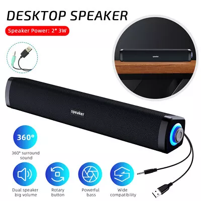 LED USB Powered Wired Sound Bar Bass Speakers TV Computer For PC Desktop Tablets • £11.99