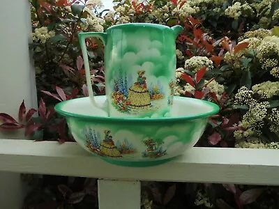 Antique English Crinoline Lady Staffordshire Jug & Bowl Wash Stand Set • $225