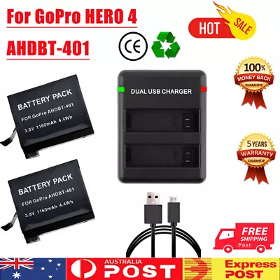 2 Pack Battery USB Charger AHDBT-401 For GoPro Hero 4 Silver Black Sport Camera • $32.98