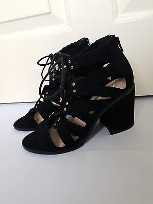 Miss Selfridge Black Ghillie Tie Shoes Faux Suede Block Heel Sandals 90s 5 • £5