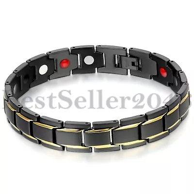 Stainless Steel Mens Gold Black Tone Power Element Magnetic Health Bracelet 8.3  • $16.99