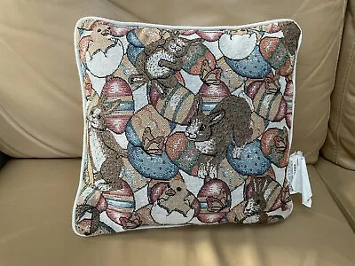 Small Vintage Easter Tapestry Accent Pillow~Rabbits/Chicks/Easter Eggs ~11”x 11” • $12