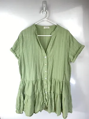 IRIS MAXI Women 100% Cotton Green Swing Relaxed Boho Very Short Dress Size 14 • $20