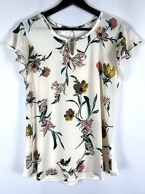 NEW Maurices Women's Ivory Floral Flutter S/S Scoop Keyhole Top Blouse X-Small • $4.20