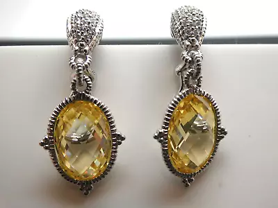 Judith Ripka Sterling Silver 925 Citrine & CZ Drop Dangle Omega Earrings • $110