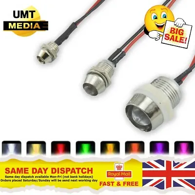 12V Pre-Wired LEDs 3mm/5mm/10mm Red/Blue/Green/White/Yellow 9V With Metal Caps • £2.60