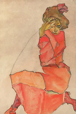 Egon Schiele - Kneeling Female In Orange Red Dress - Painting Poster Print Art • £88.50
