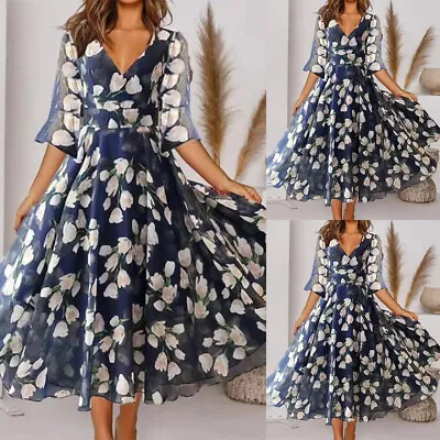 Womens Boho Floral V Neck Midi Dress Ladies Evening Party Swing Dress Plus Size • $20.70