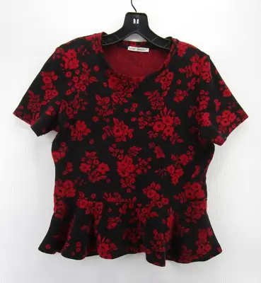 Zara Top Women Large Black Red Pullover Blouse Floral Drop Waist Sweater Peplum • $16.99