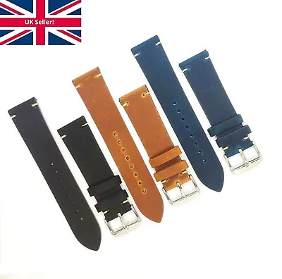 Mens Genuine Leather Watch Strap Vintage Retro Stitching Style Black Brown Band • £6.75