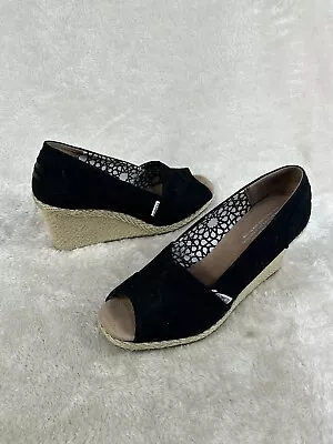 Toms Shoes Women’s Size 9.5 Black Calypso Espadrille Wedge Heels Peep Toe • $19.90