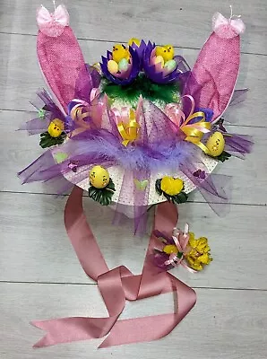 Easter Bonnet Girls Maribou Feathers Net Shiny Butterflies Chicks  Ribbons💜 12 • £22