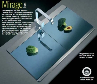 £529 • Buy Mirage Stainless Steel Kitchen Sink 1.5 Bowl Matching Glass Cover Boards X2 FREE