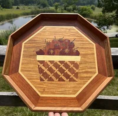 VTG  Marquetry Octagonal 14  Tray Inlaid Wood StrawberryFruit Basket Philippines • $18