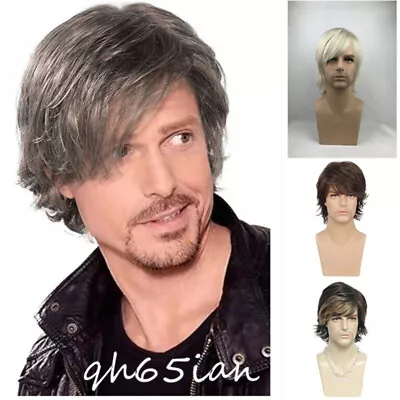 Handsome Mens Short Daily Wig Male Curly Synthetic Hair Cosplay Party Full Wigs • £12.84