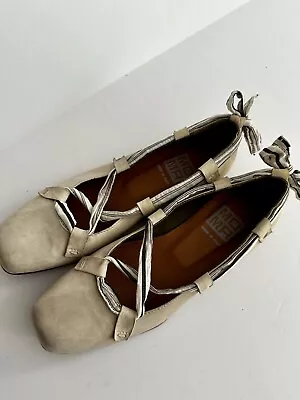 New MOMA 37.5 Ivory Lace Up Ballet Flats Italy Leather Ankle Strap Shoes Square • $56.99