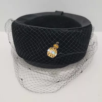 Vintage French Cotillion Velour Mid Veil/Net Pill Hat 22.5 W/ Rhinestone Dangle  • $74.95