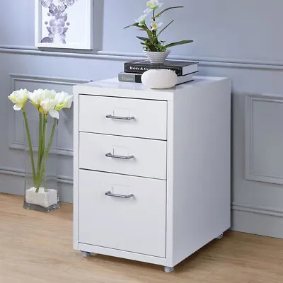 Rolling Office Filing Cabinet 3 Drawers File Storage Chest Metal Cupboard White • £45.95